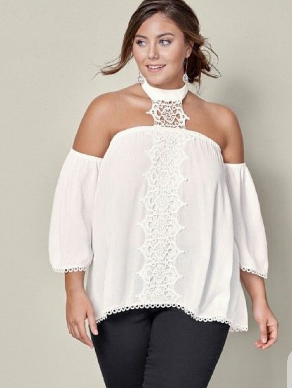 VENUS White Lace-Front Cold-Shoulder Blouse